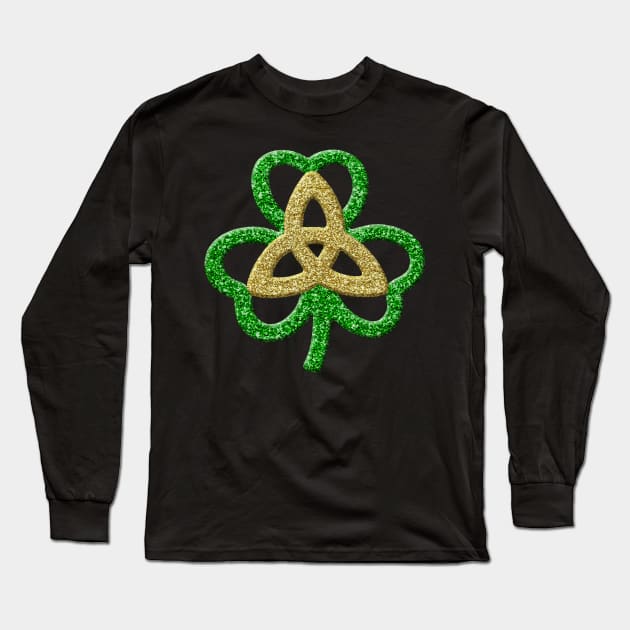 Green Gold Faux Glitter Shamrock And Trinity Knot Long Sleeve T-Shirt by Atteestude